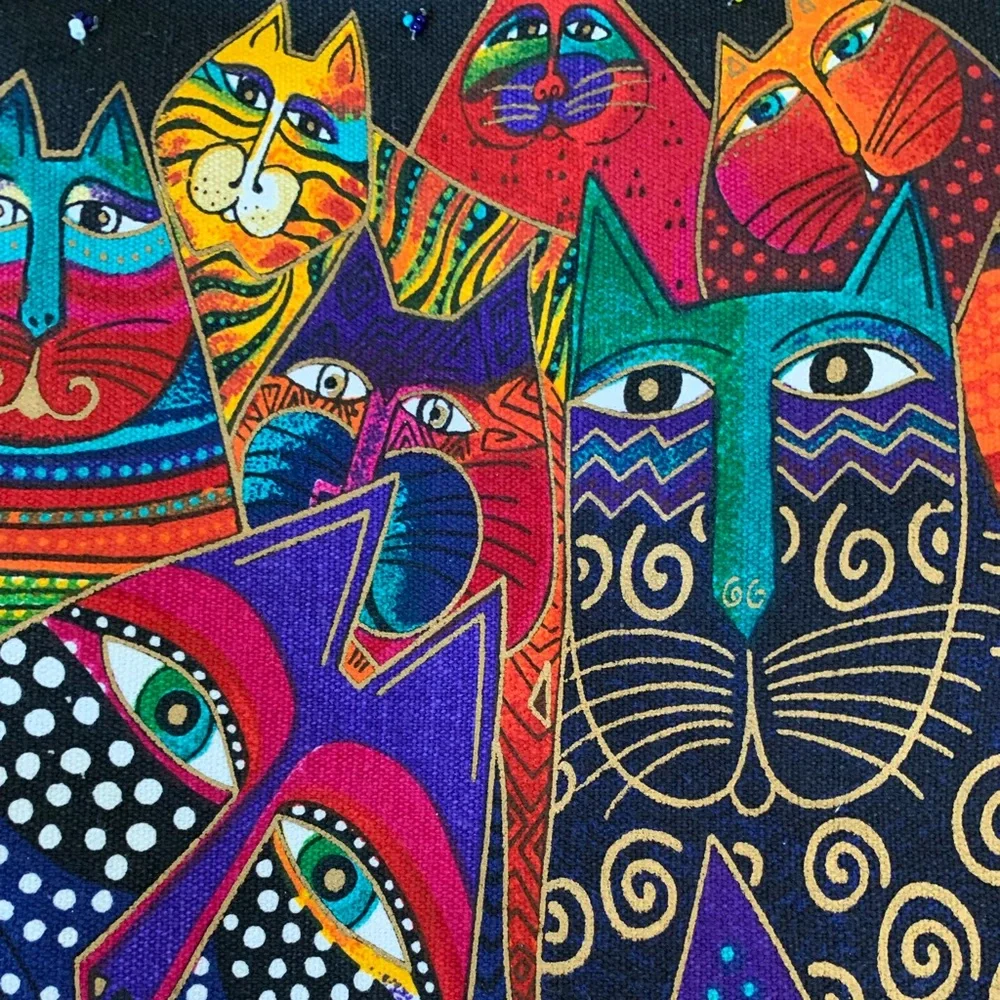 LAUREL BURCH Tote Bag Cat Faces Art Large Colorful Boho Style Shoulder Bag NWT - Picture 4 of 16
